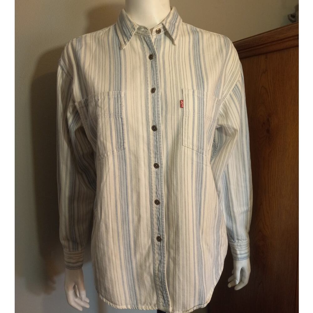 Vintage Levi's Cream and Light Blue Striped Button-Down Shirt